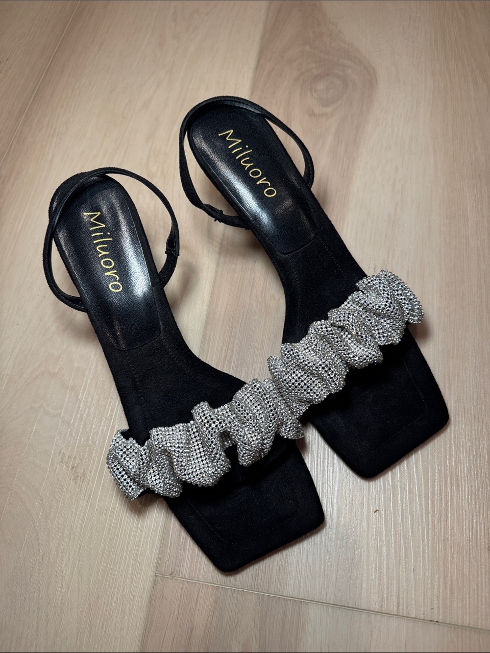 Black Slingback Sandals with Silver Crystal Ruffle